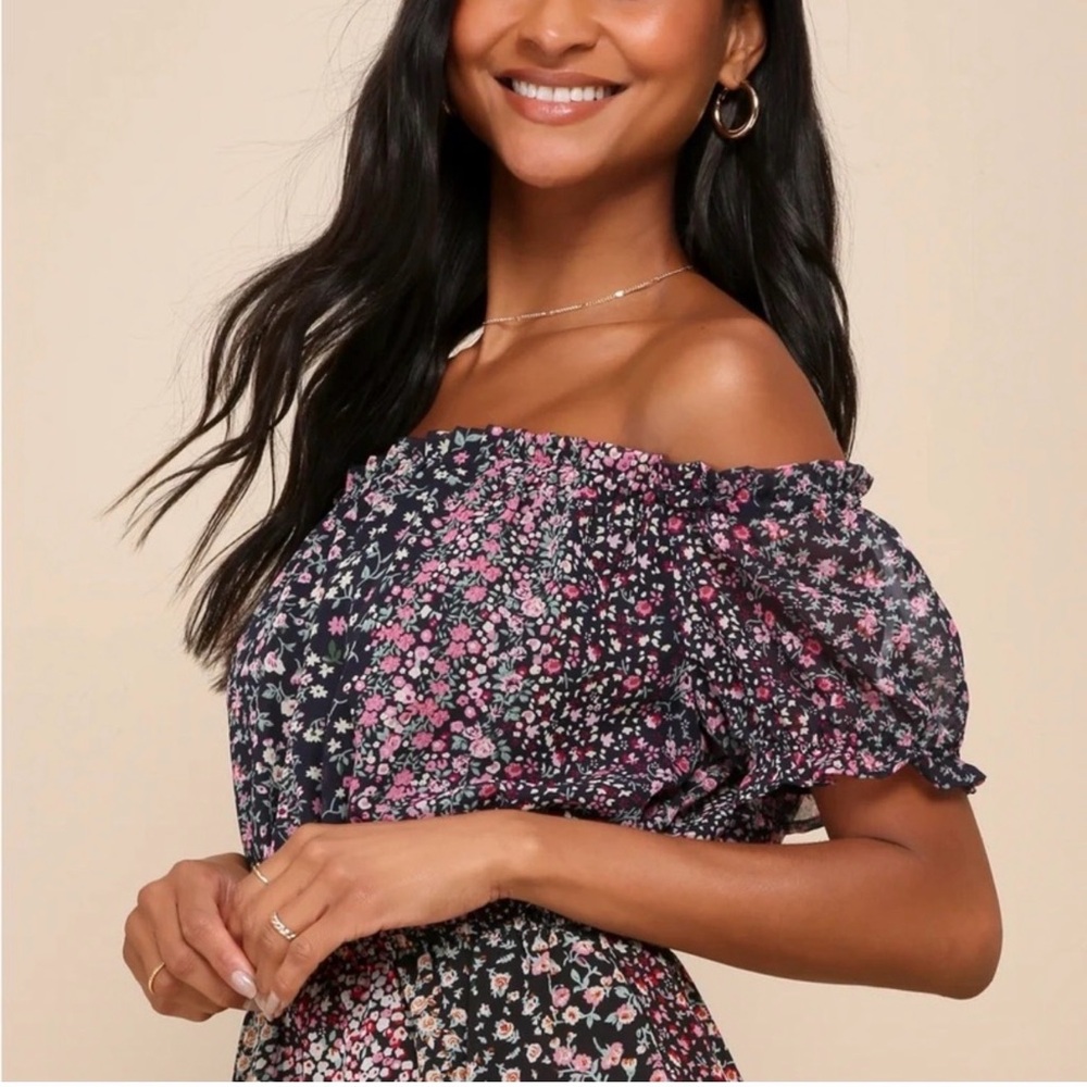 Lulu’s Neva Navy Blue Floral Print Off-the-shoulder Maxi Dress size XL - Picture 3 of 8